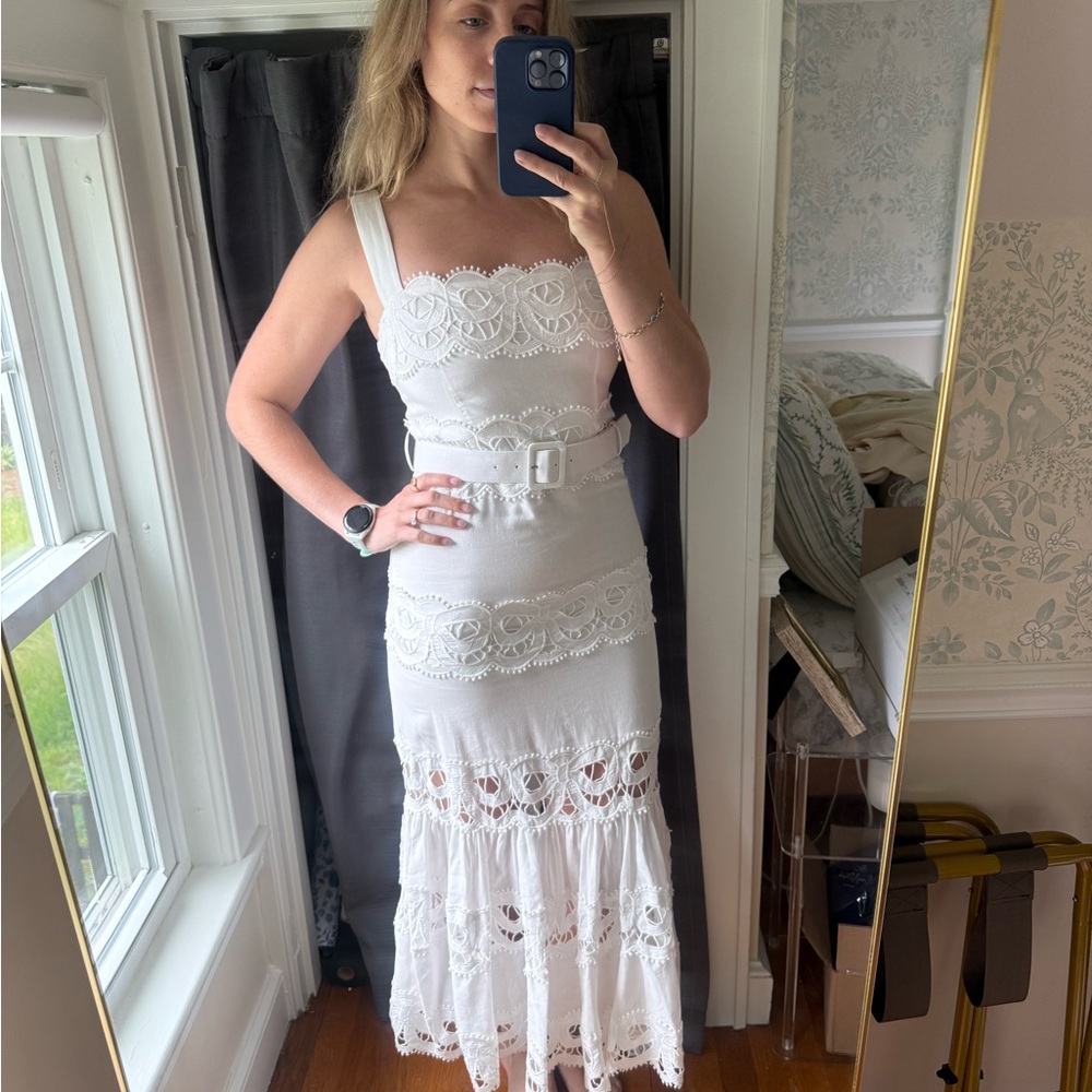 NWT Self-Portrait Linen Lace Insert Midi Dress White